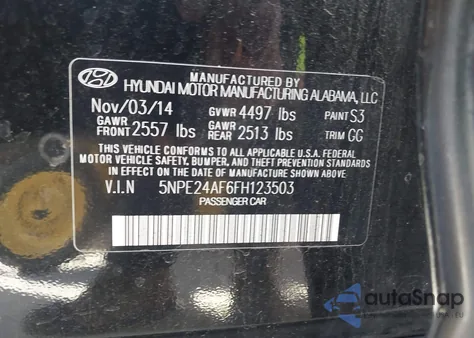 2015 Hyundai Sonata Se z USA, uszkodzony, nr VIN 5NPE24AF6FH123503
